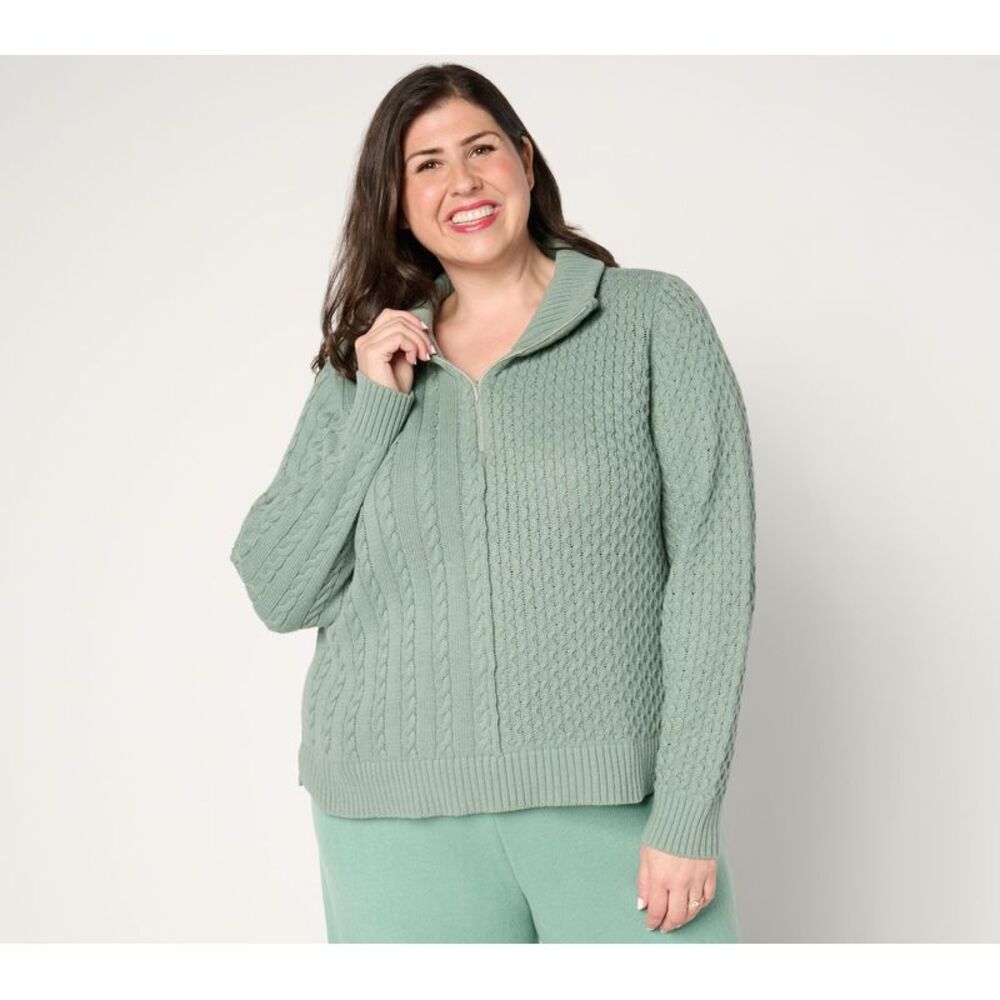 SUNNYLiFE Women's Top Plus Sz Sweater 1X Mixed Stitch Half Zip Side Green
